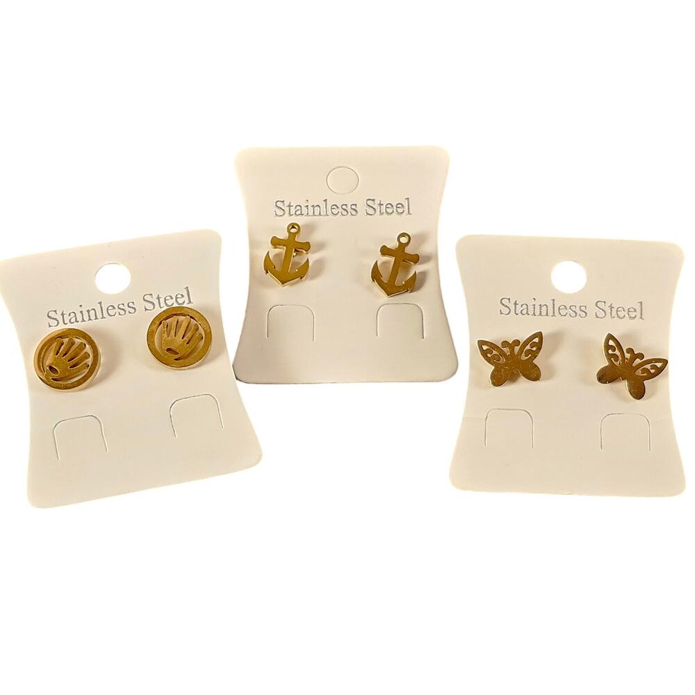 Stud Earrings Mixed Designs Gold Tone, 3 Pairs Stainless Steel Anchor Butterfly